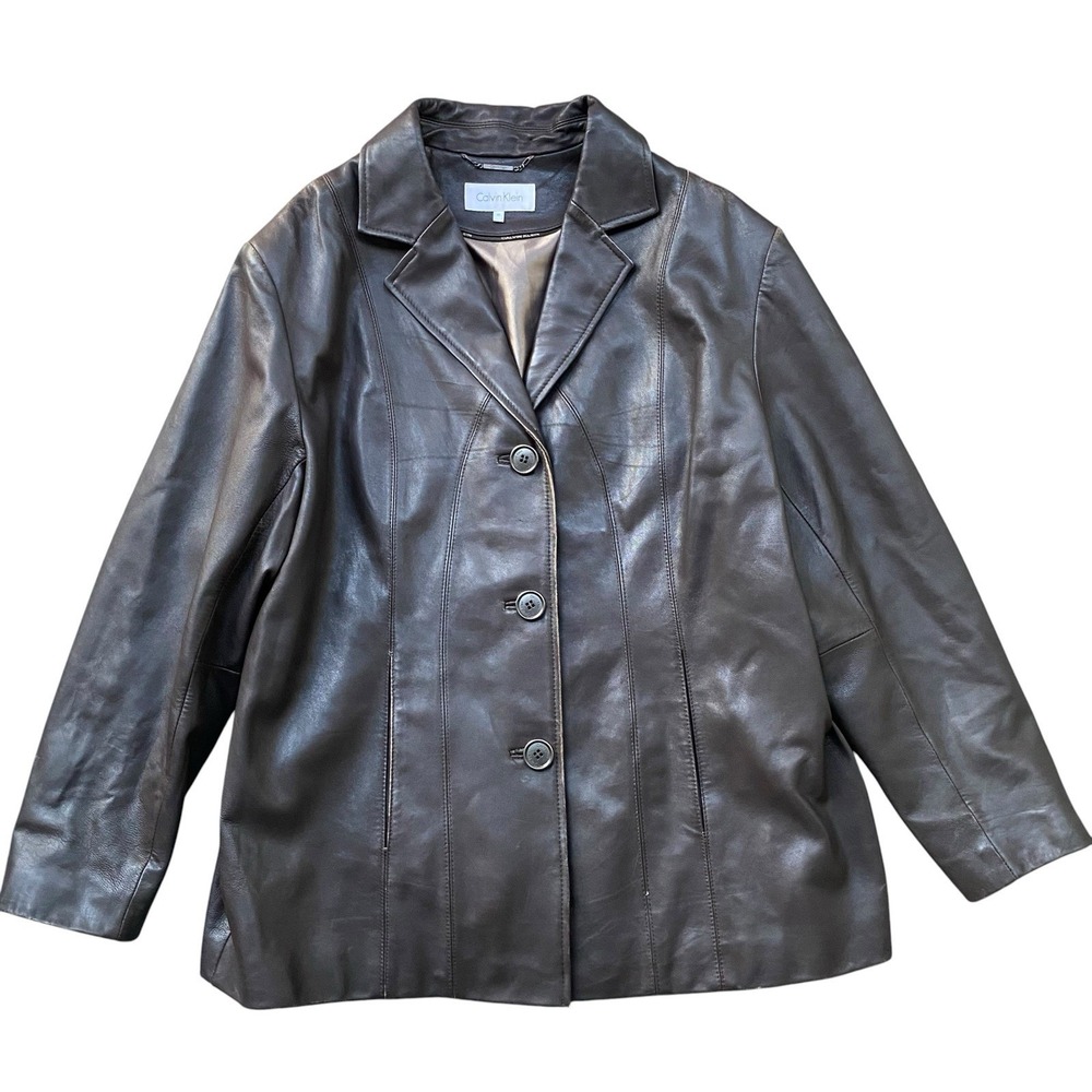 Calvin Klein Women Genuine Leather Jacket 1X Brown Mid Length Button Up Classic